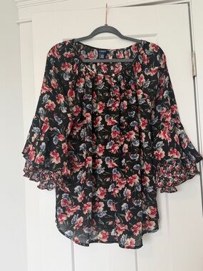 Chaps Black Floral Peasant Blouse with Pink and Blue Flowers